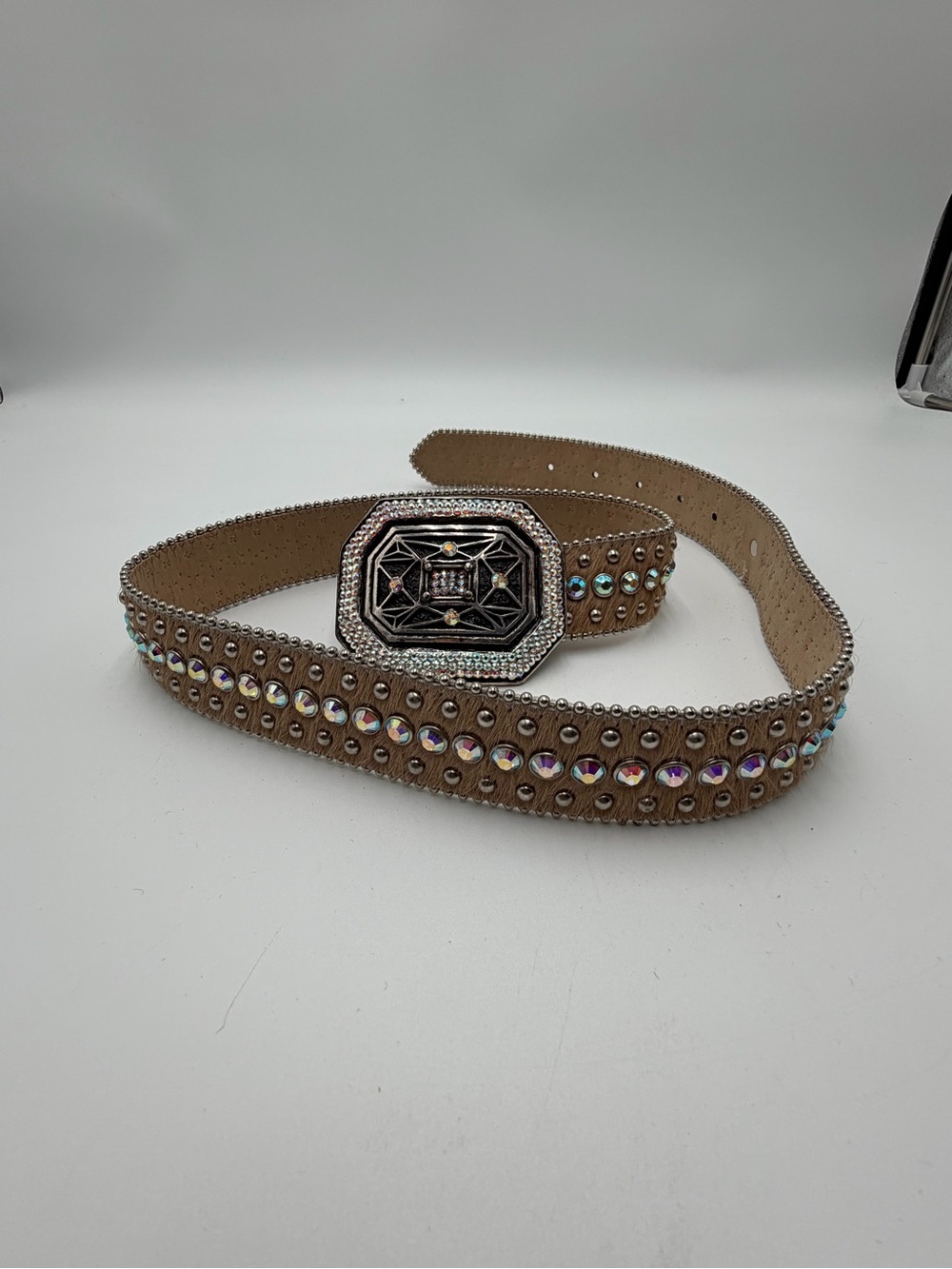 B.B. Simon Hair On Hide Crystal Studded Belt Tan Leather Italy Western Geometric